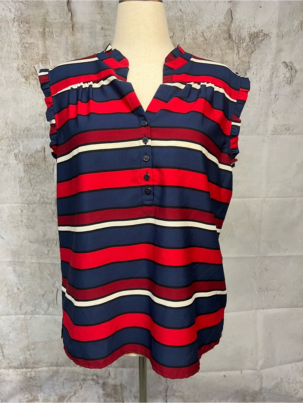 Tommy Hilfiger Women’s XL Red Blue Striped Ruffle Sleeve Blouse Top